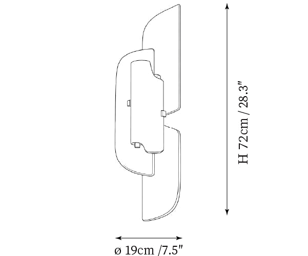 Clérachic wall light dimension drawing, 1 of 2, every measurement marked in centimetres and inches.