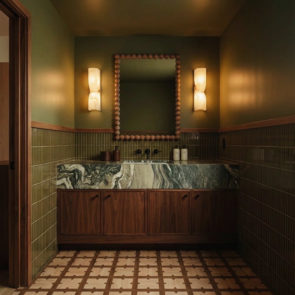 Pair of Clérachic alabaster wall lights flanking a beaded wooden mirror in a green tiled room with a marble counter.