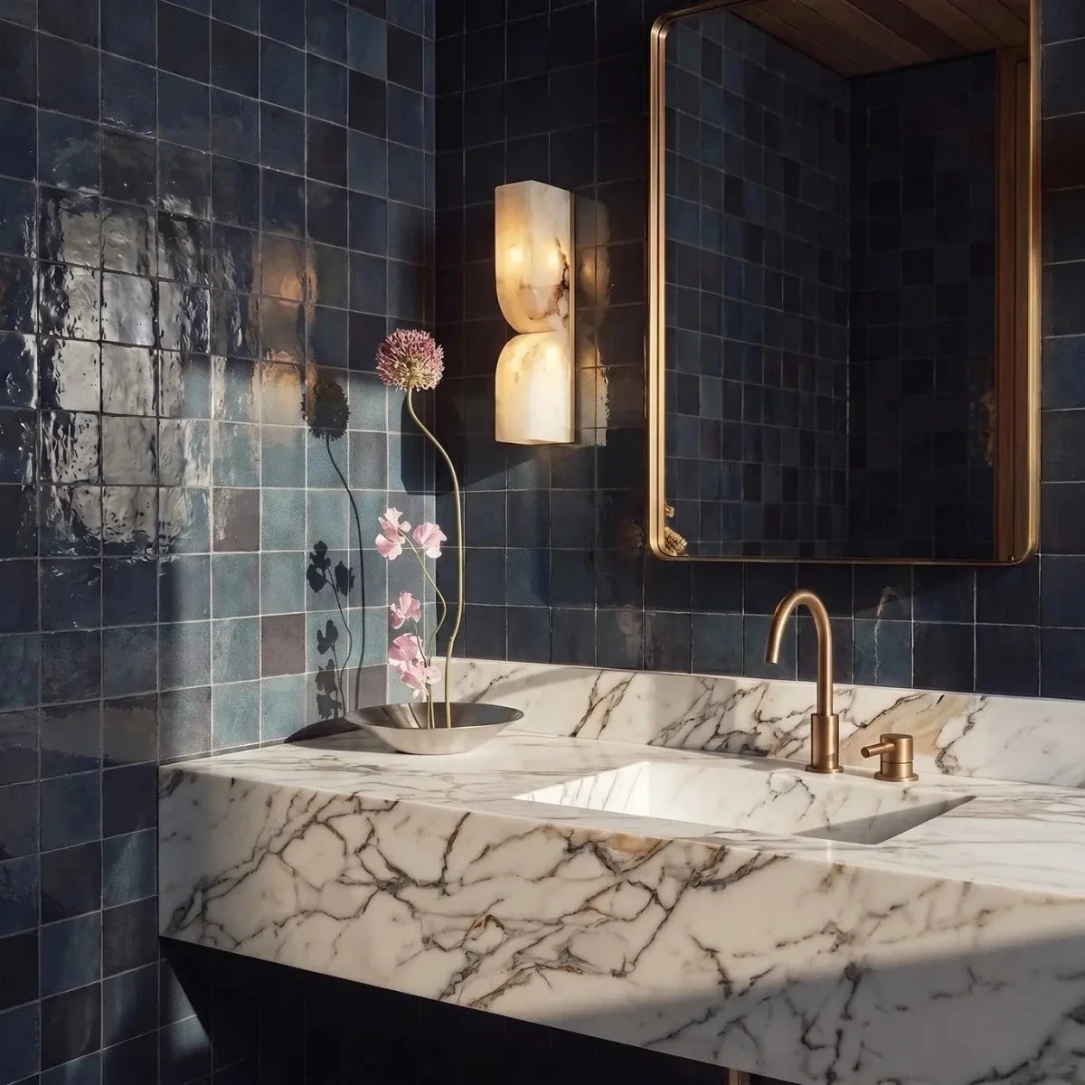 Clérachic alabaster wall light on deep blue glazed tiles beside a brass-framed mirror, above a marble counter.