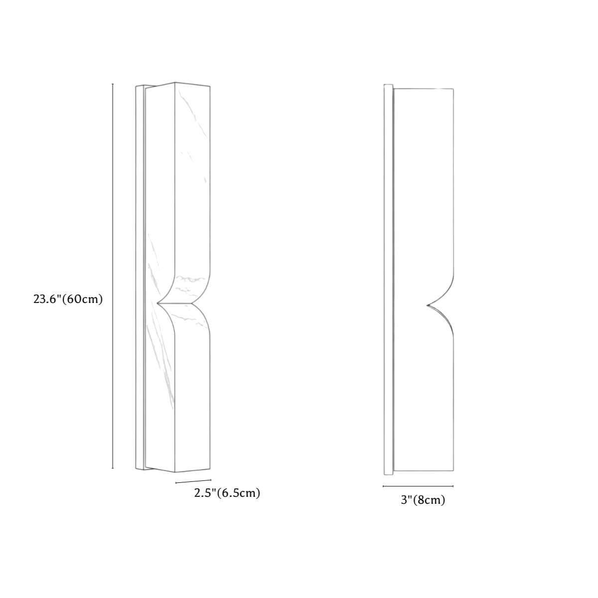 Clérachic wall light dimension drawing, 60 cm, every measurement marked in centimetres and inches.