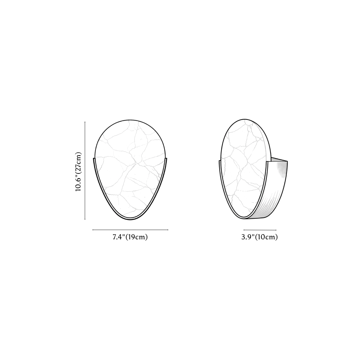 Clérachic wall light dimension drawing, every measurement marked in centimetres and inches.