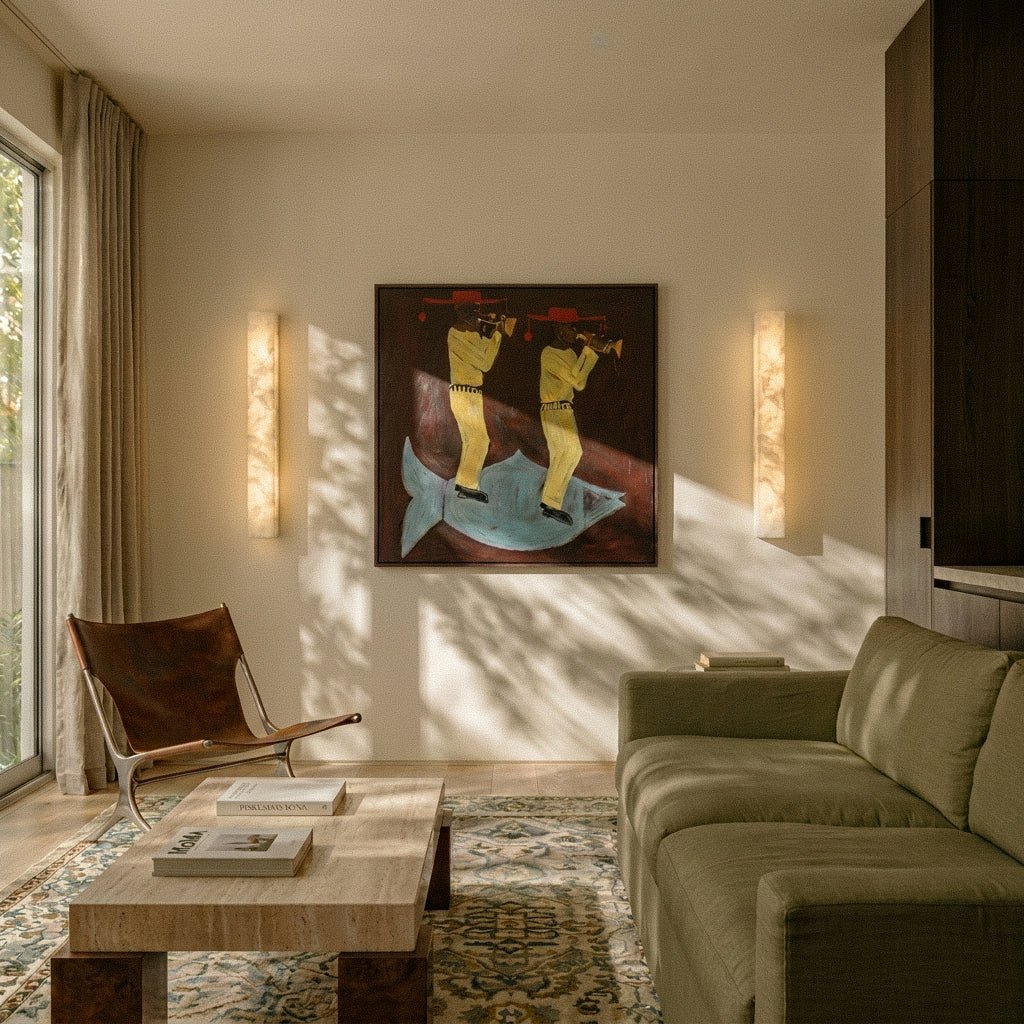 Clérachic pair of alabaster bar wall lights flanking a framed painting in a living room with a green sofa and travertine table.