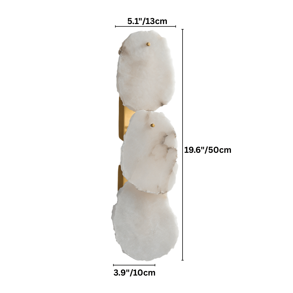 Clérachic three-light alabaster wall lamp on white with width, depth and height measurements marked beside it.