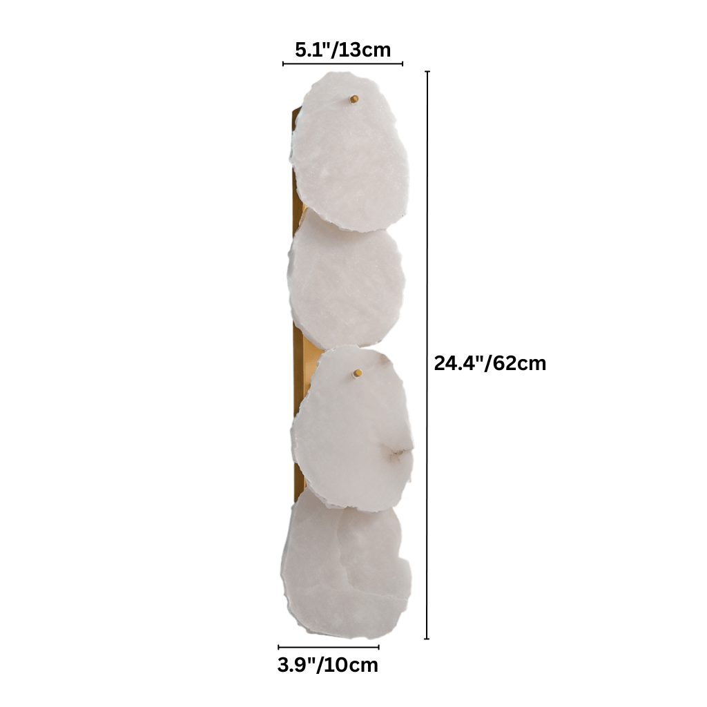 Clérachic four-light alabaster wall lamp on white with width, depth and height measurements marked beside it.
