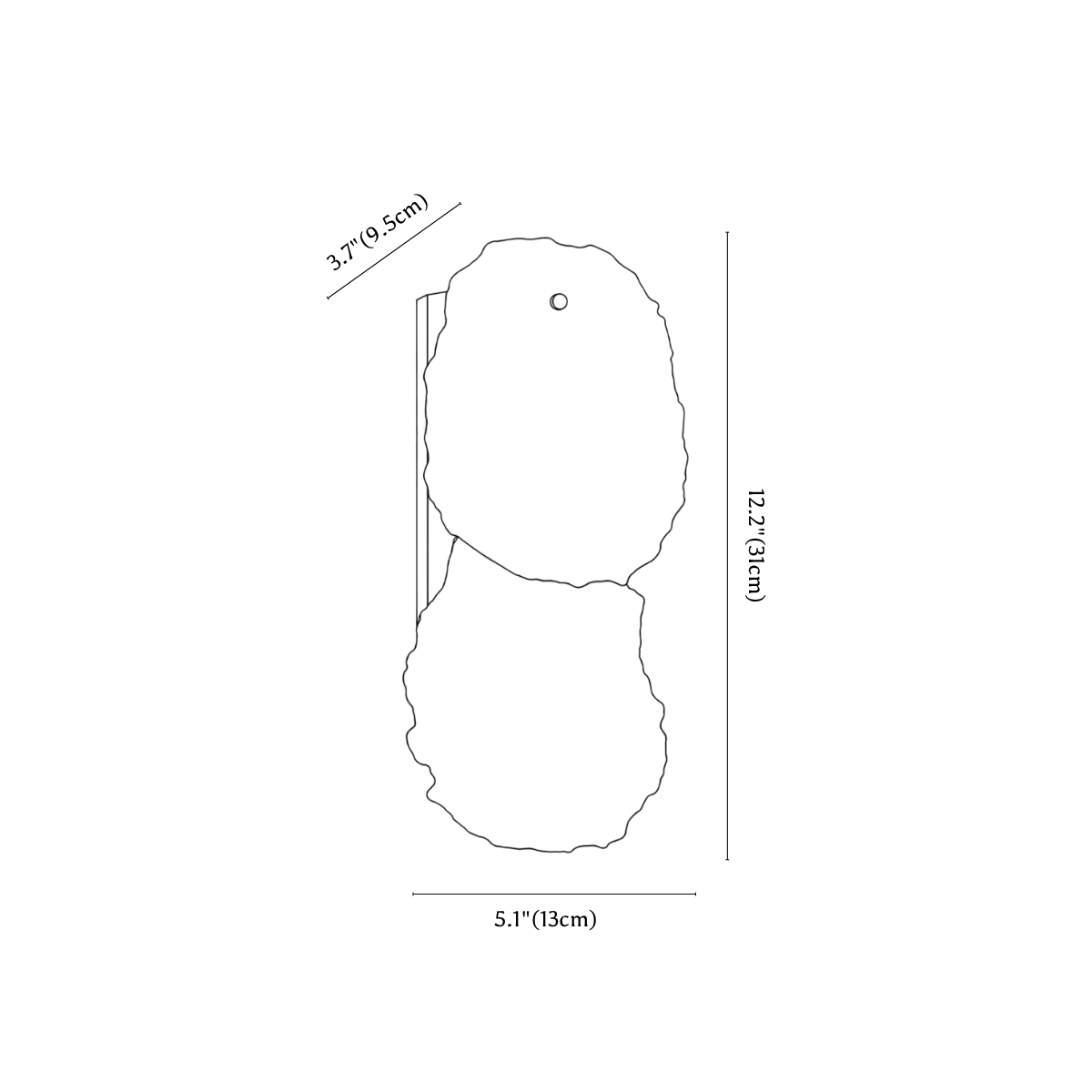 Clérachic wall light dimension drawing, 1 of 3, every measurement marked in centimetres and inches.