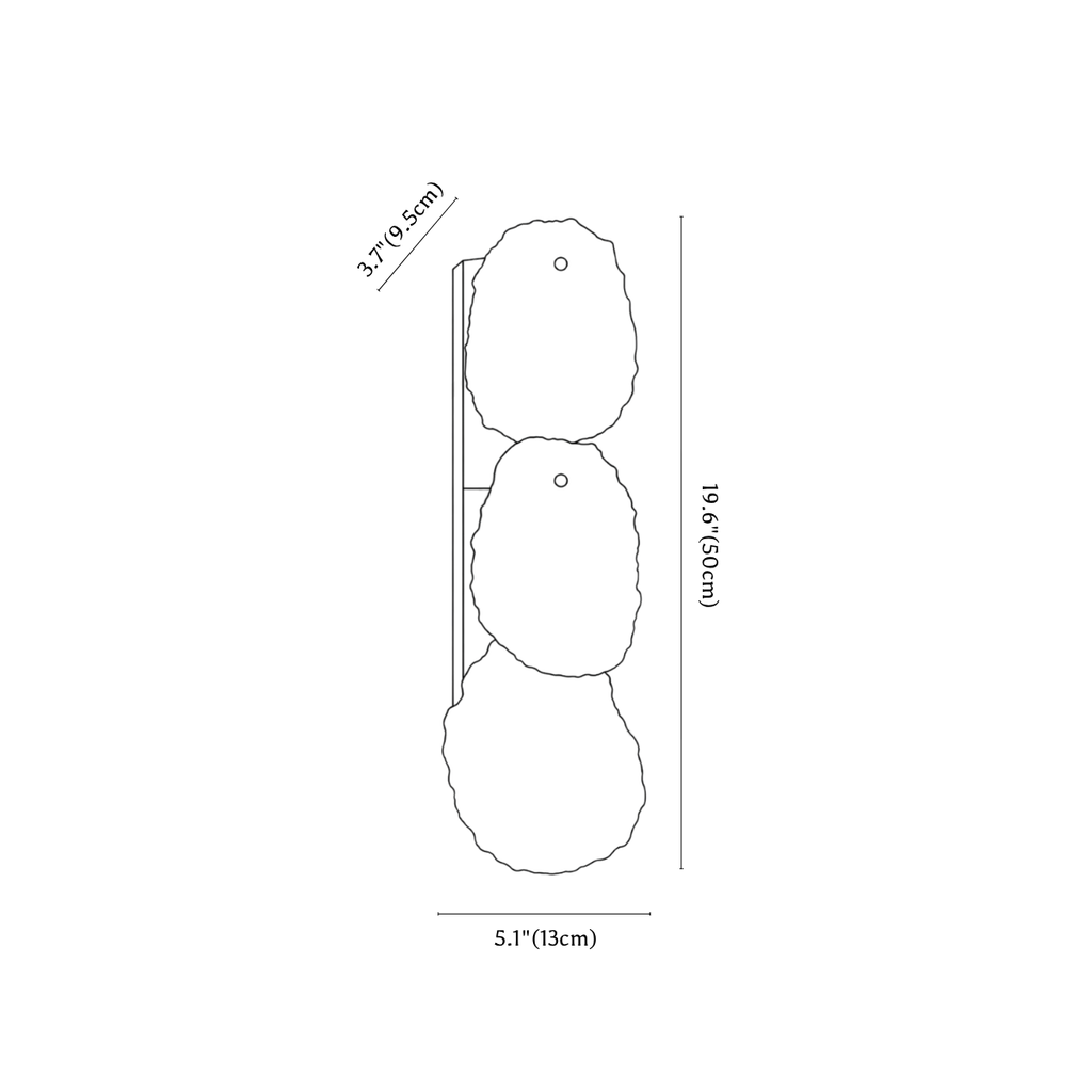 Clérachic wall light dimension drawing, 2 of 3, every measurement marked in centimetres and inches.