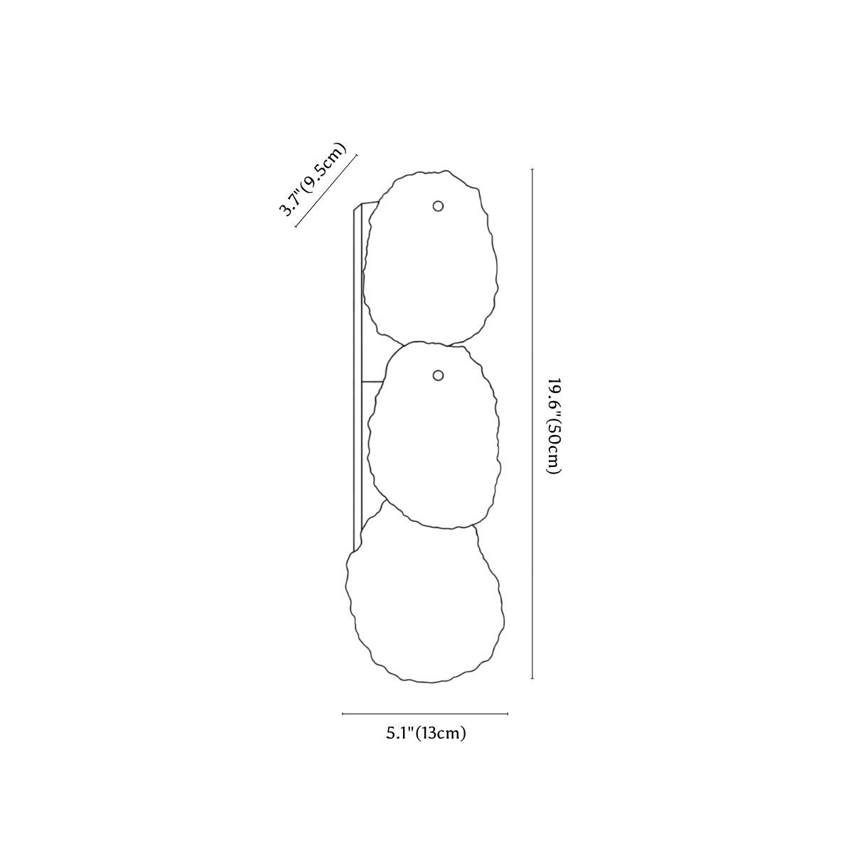 Clérachic wall light dimension drawing, 2 of 3, every measurement marked in centimetres and inches.
