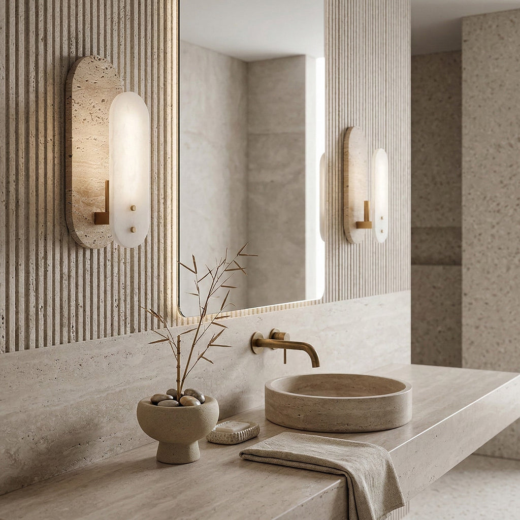 A Clérachic wall light glows above a stone basin in a bathroom with fluted wood panelling and a large mirror that shows a second light.