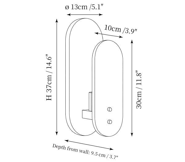 Clérachic wall light dimension drawing, every measurement marked in centimetres and inches.