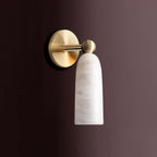 Side view of this Clérachic wall light with a brass arm and ball joint, its cylindrical alabaster shade on a deep plum wall.