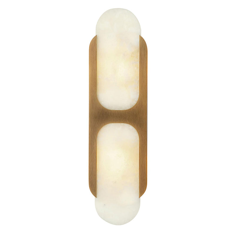 Studio view of the tall Clérachic Alabaster Wall Sconce, brass bracket clasping a lit panel that warms from white to honey.