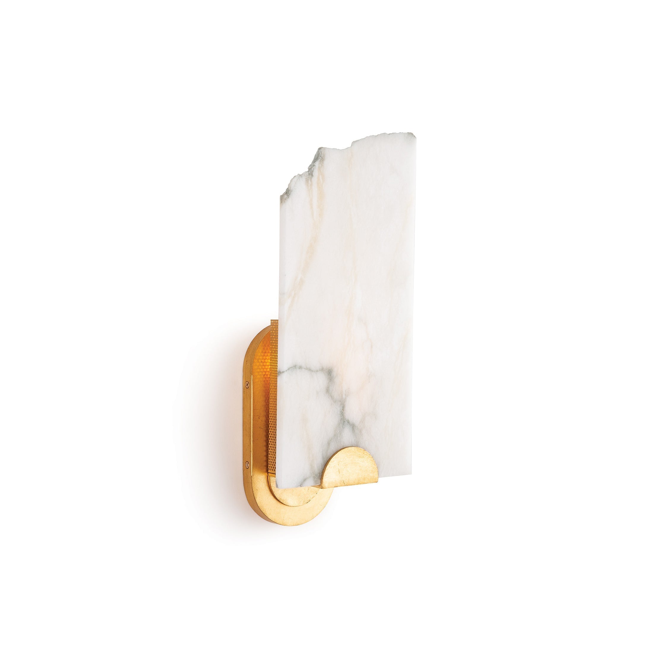 Clérachic Alabaster Wall Sconce seen at an angle, its hand-broken stone top edge rising above a curled brass cradle.