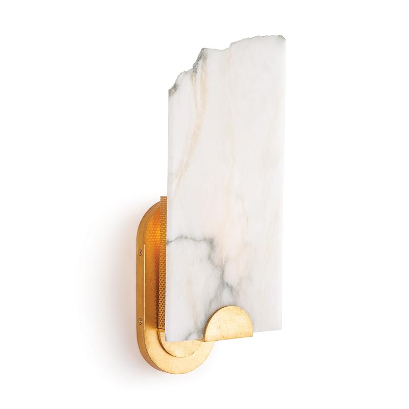 The Clérachic Alabaster Wall Sconce lit on a plain studio wall, warm light washing up through the veined stone slab.