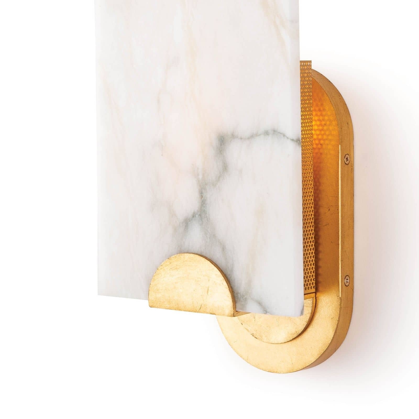 Detail of the Clérachic Alabaster Wall Sconce base, where a gold half-moon cradle holds the stone against the oval plate.