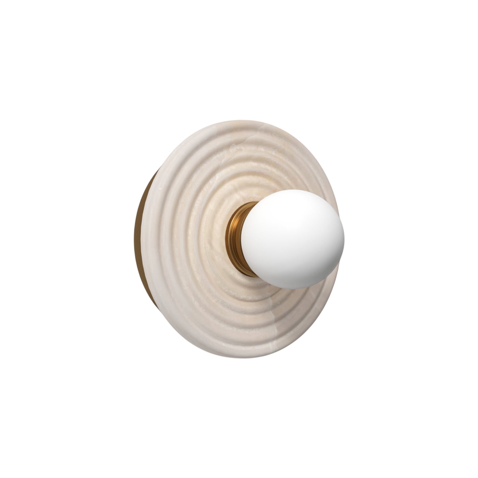 Studio view of the gold Clérachic alabaster sconce, the veined stone rings stepping inward to a brass collar and opal globe.