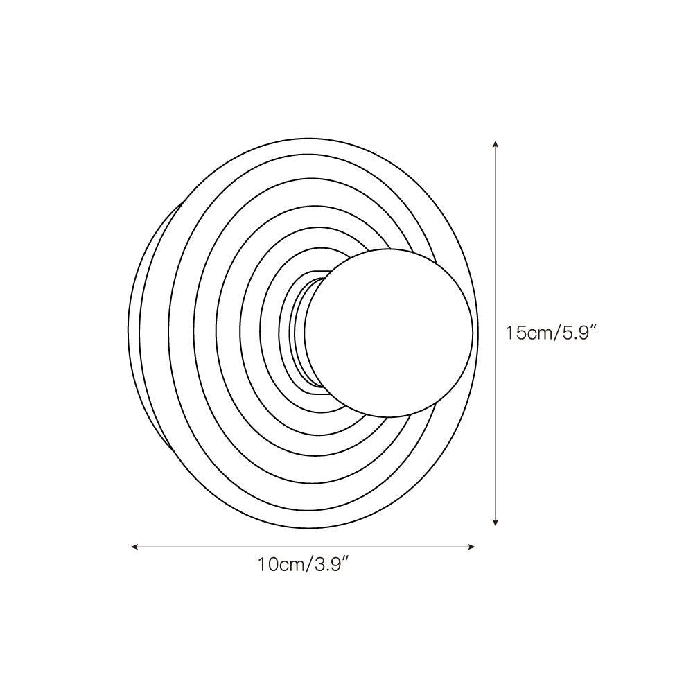 Dimension drawing for the Clérachic alabaster wall sconce, 15 cm (5.9″) across the ribbed disc and 10 cm (3.9″) deep from the wall.