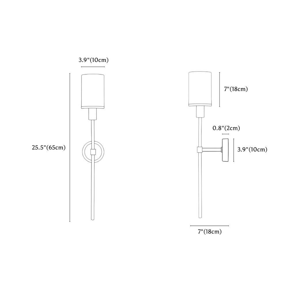 Clérachic wall sconce dimension drawing, every measurement marked in centimetres and inches.
