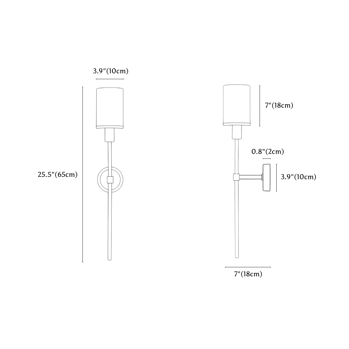 Clérachic wall sconce dimension drawing, every measurement marked in centimetres and inches.