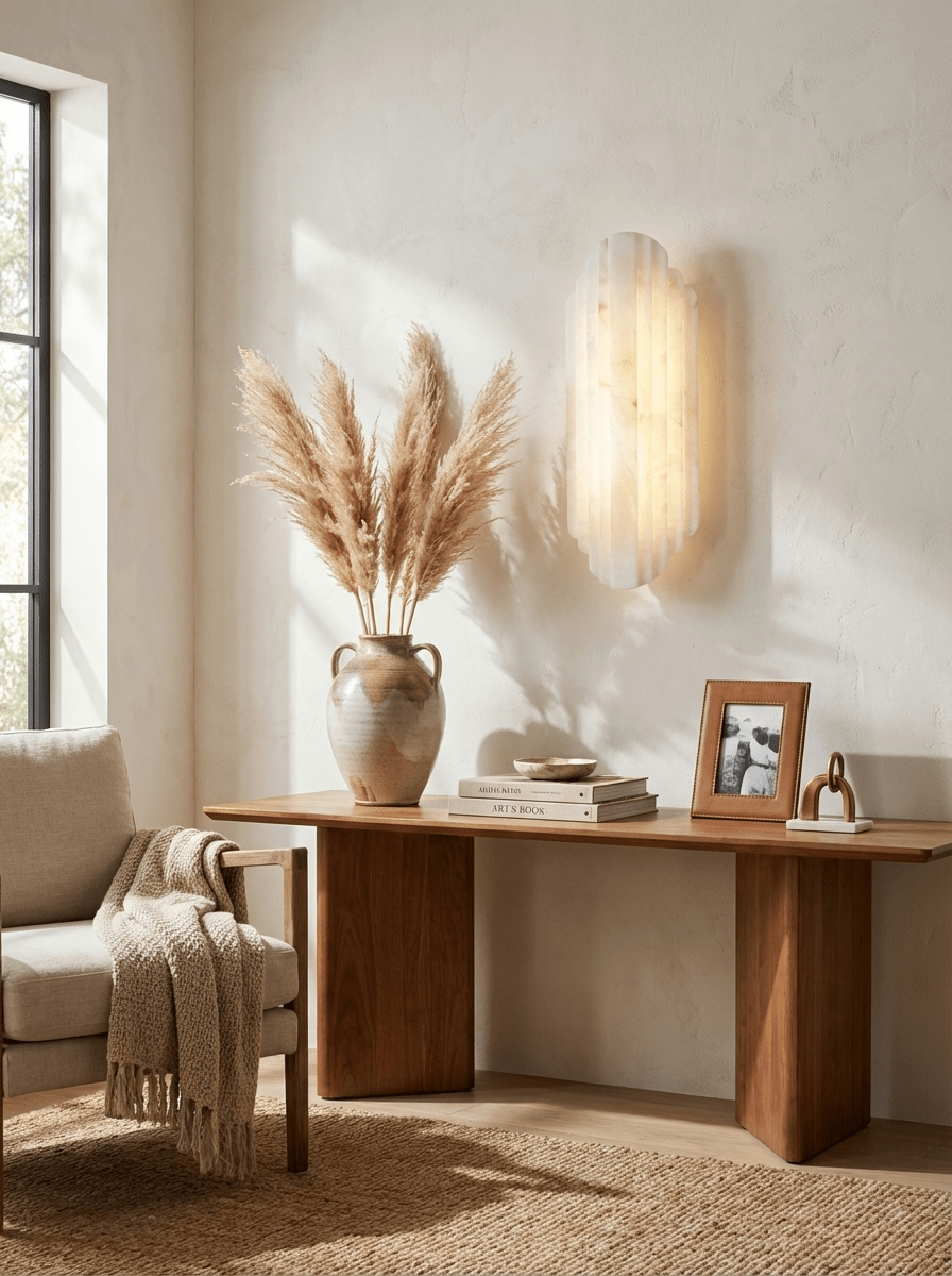 Clérachic alabaster sconce glowing on a pale wall above a wooden console table, with pampas grasses in a stone vase and a woven throw on a chair.