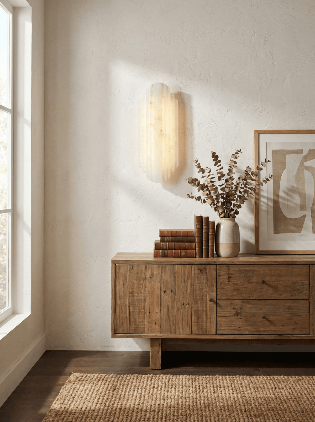 This Clérachic alabaster sconce glows above a weathered oak sideboard with books and a framed print, in a sunlit room with textured walls.