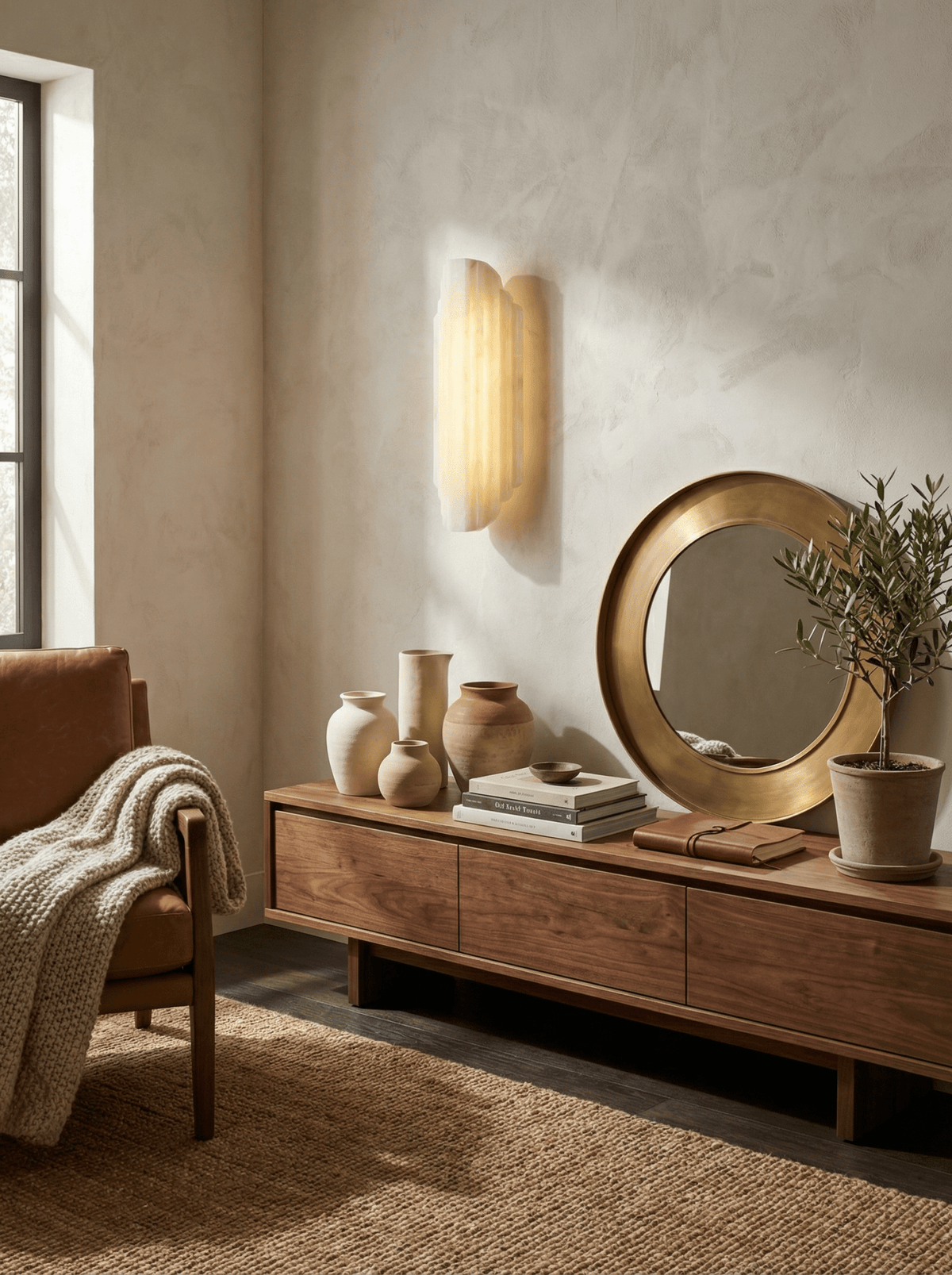 A lit Clérachic wall sconce on a plaster wall above a low wooden sideboard, with a round brass mirror, small vases and a leather chair.