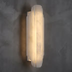 Three-quarter view of this Clérachic alabaster sconce lit on a dark grey wall, showing the ribbed shade and the slim metal back plate.