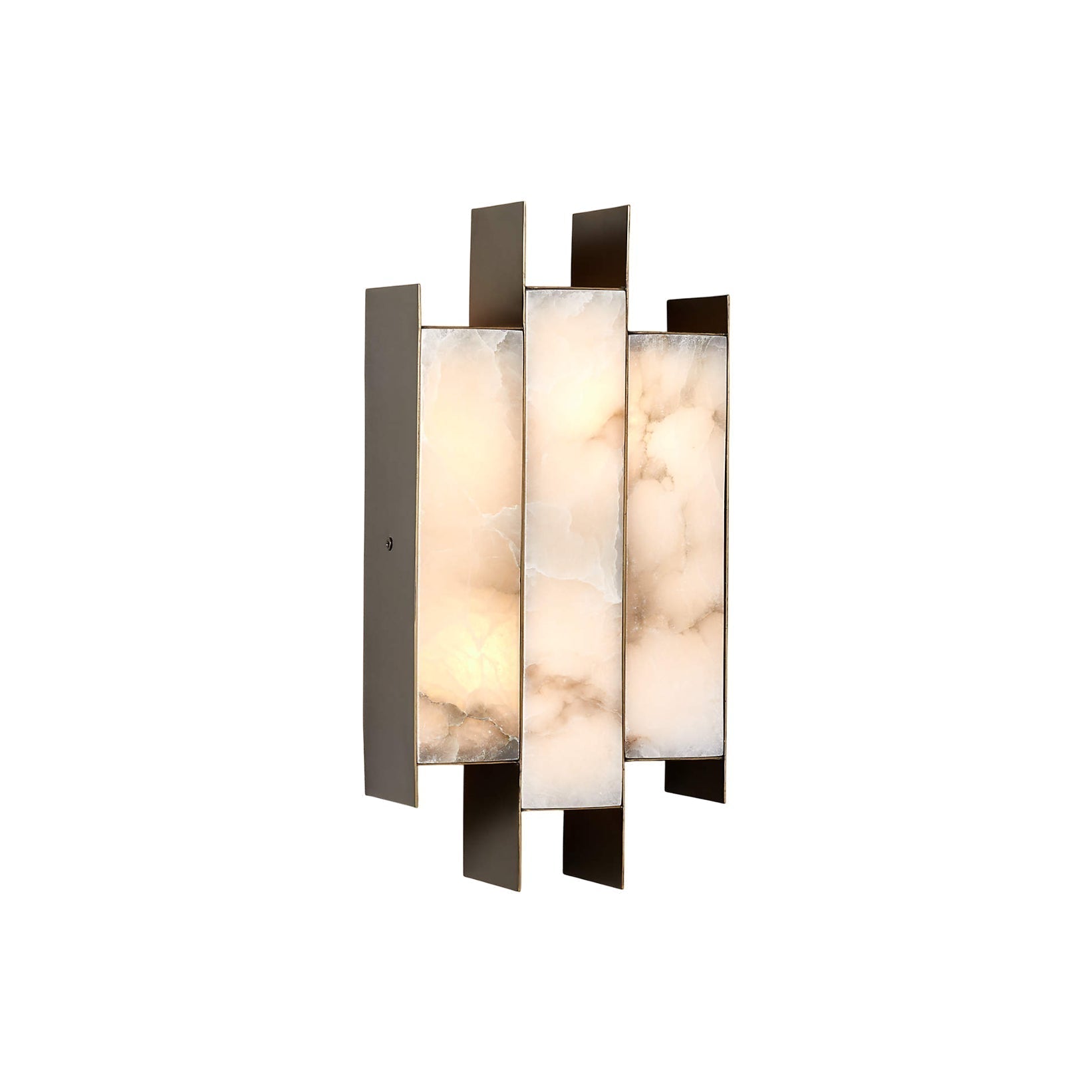 Clérachic Alabaster Wall Sconce lit on a white studio background, warm light glowing through its three stone panels.