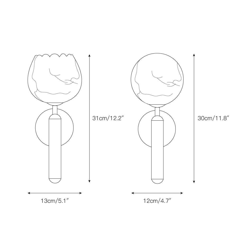 Dimension drawing for the Clérachic alabaster wall sconce: cup 31 cm / 12.2 in tall, 13 cm / 5.1 in wide; globe 30 cm / 11.8 in tall, 12 cm / 4.7 in wide.