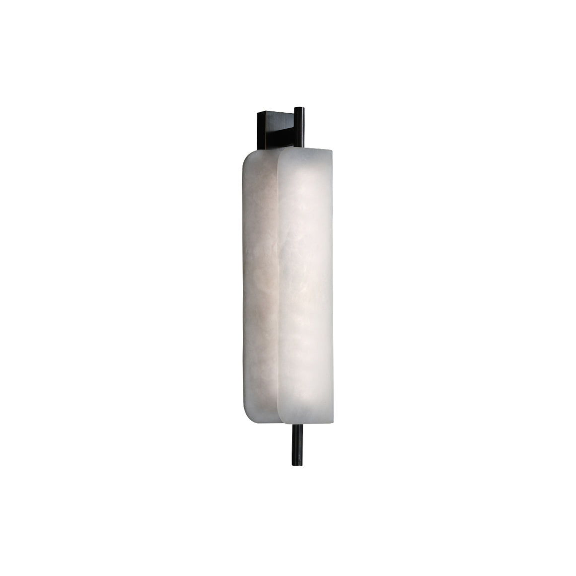 Clérachic Alabaster Wall Sconce shown unlit on white, two offset stone plates threaded onto a dark spine with a short rod above and below.