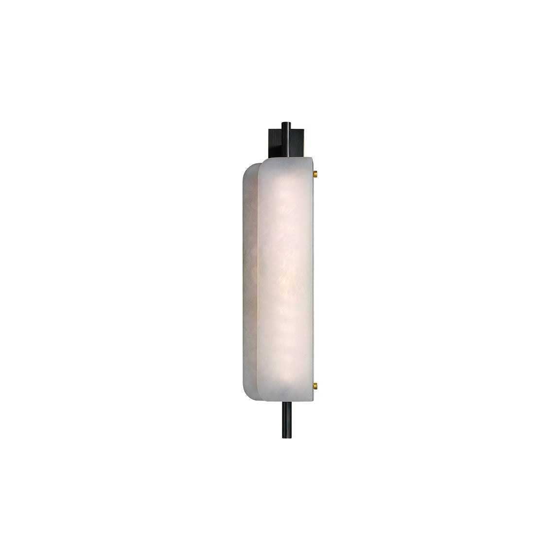 Clérachic Alabaster Wall Sconce lit against white, the front plate glowing from within while small brass pins hold it to the frame.