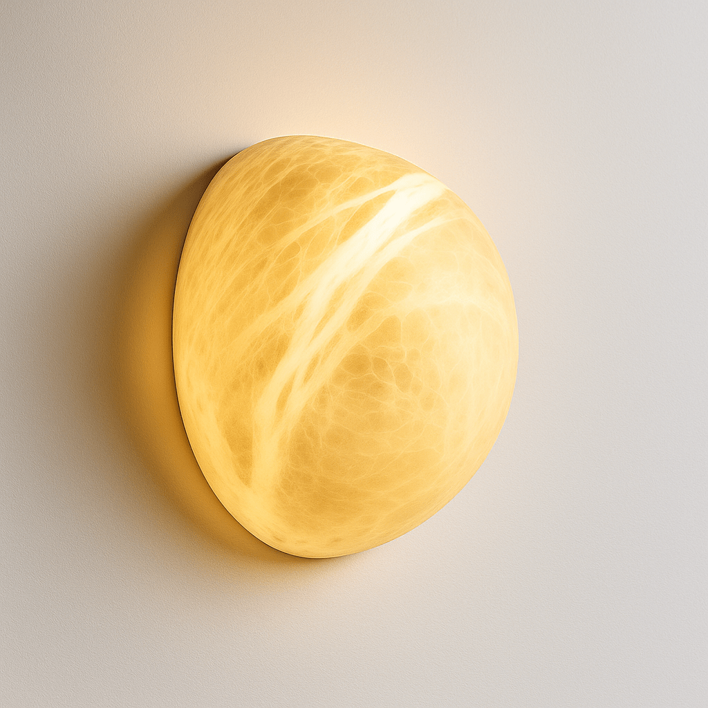 Clérachic pebble-shaped alabaster wall sconce lit warm, the veined stone glowing golden against a pale wall.