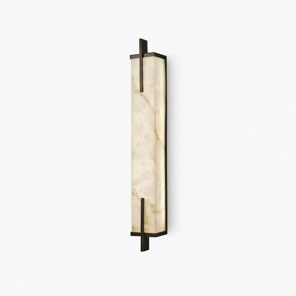 This Clérachic alabaster wall light is a tall vertical slab with veined stone panels and a black frame with crossing bars, on a white backdrop.