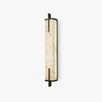 This Clérachic alabaster wall light is a tall vertical slab with veined stone panels and a black frame with crossing bars, on a white backdrop.