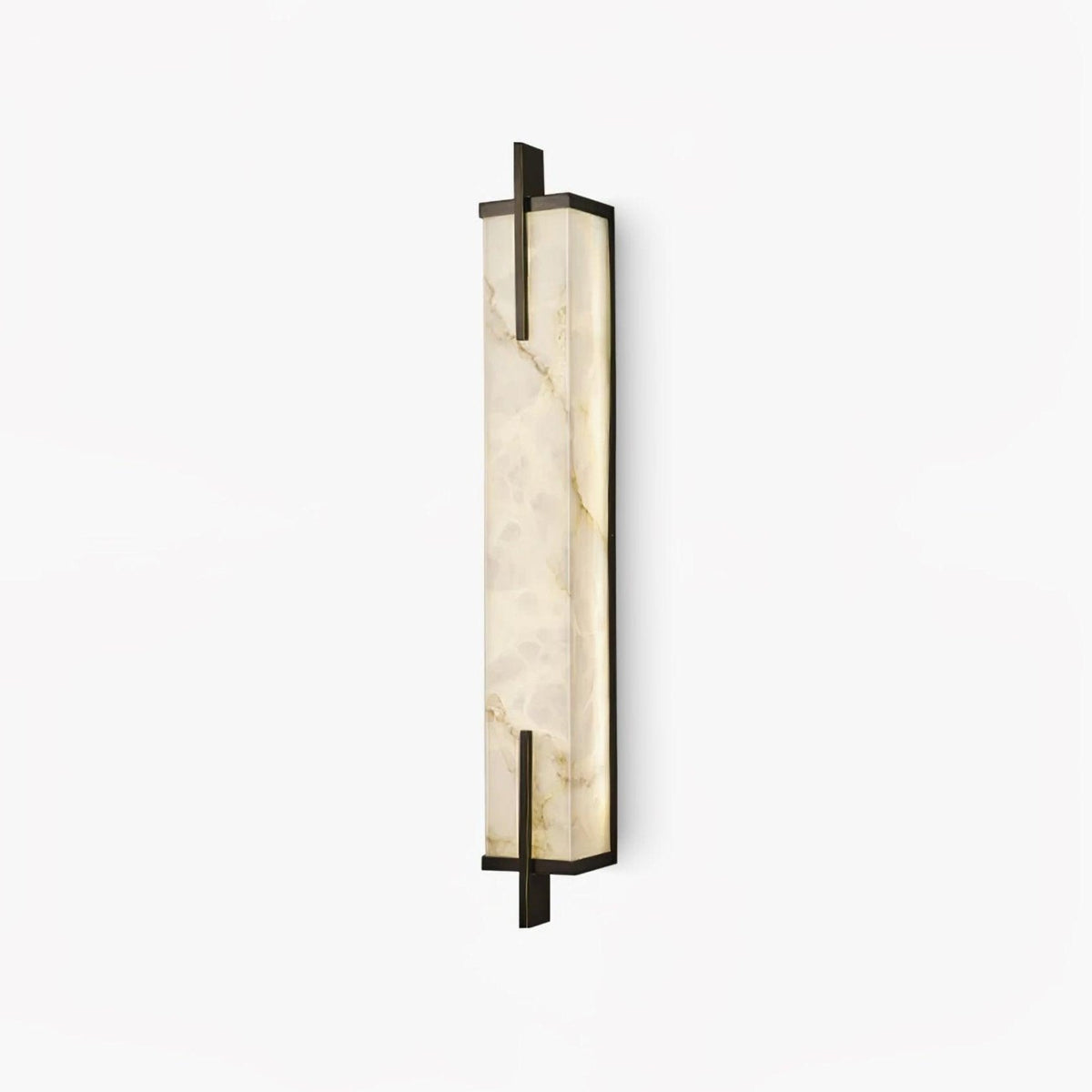 This Clérachic alabaster wall light is a tall vertical slab with veined stone panels and a black frame with crossing bars, on a white backdrop.