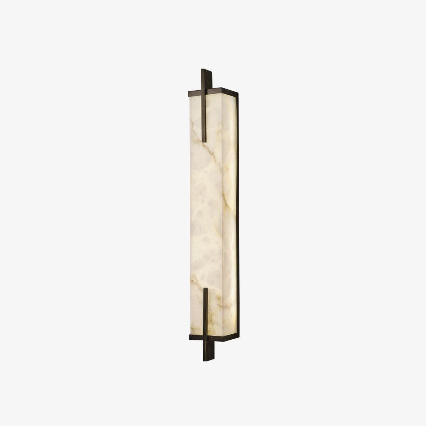 This Clérachic alabaster wall light shows a black-framed slab of veined stone with crossing bars, seen at an angle on a pale backdrop.