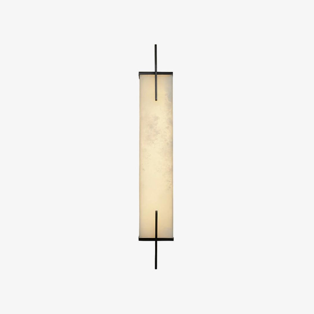 Front view of this Clérachic alabaster wall light on a pale backdrop, with a black frame and bars at the top and bottom.