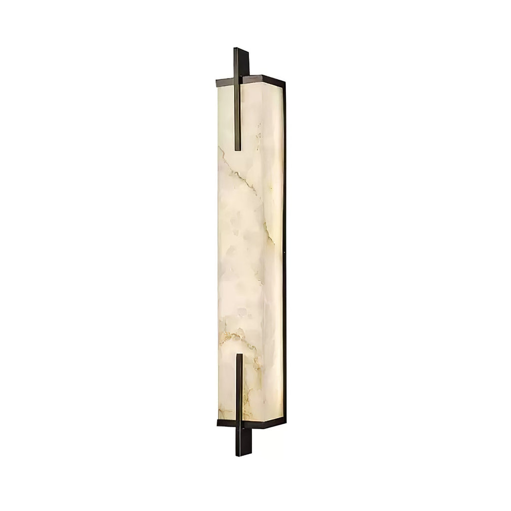 A Clérachic alabaster wall light with a black frame, seen from the side on white, showing the veining in the stone panels.