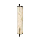 A Clérachic alabaster wall light with a black frame, seen from the side on white, showing the veining in the stone panels.