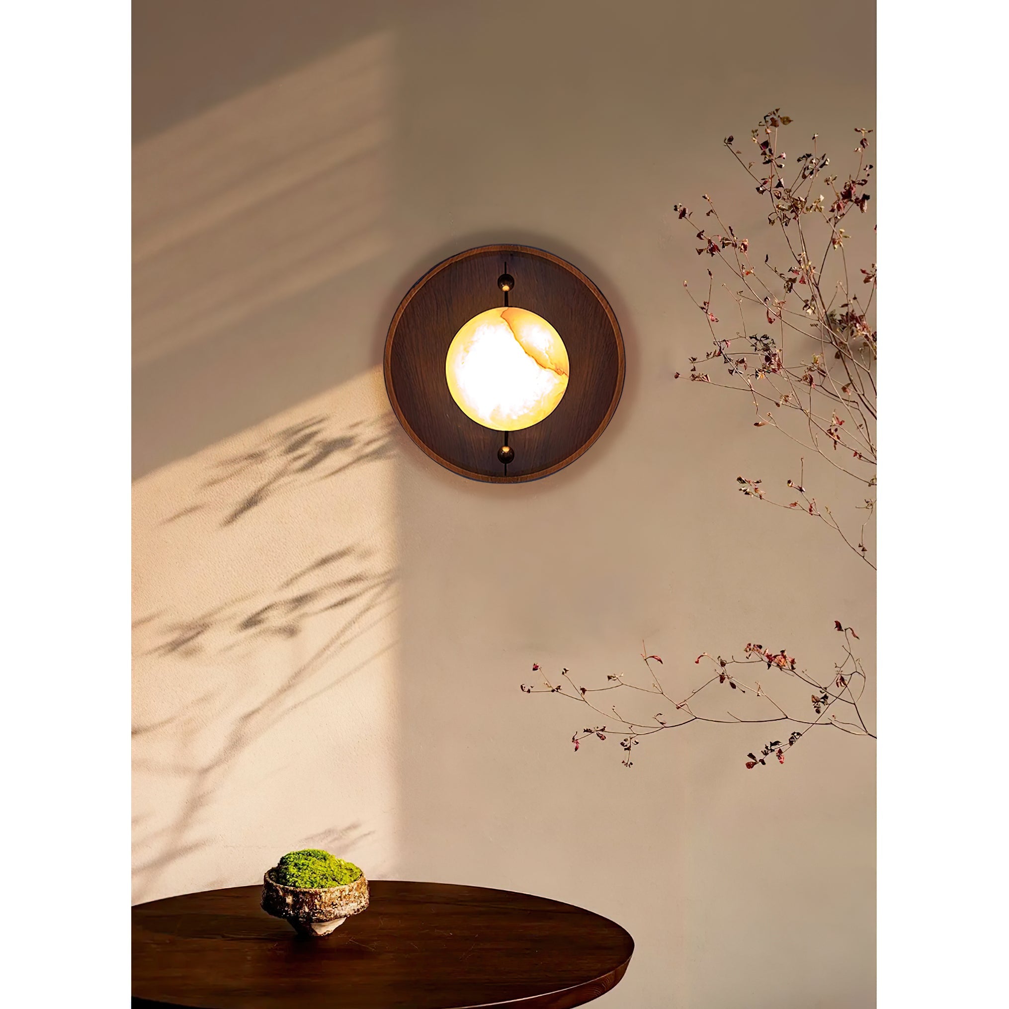 Round Clérachic Alabaster Wall Sconce glowing on a plaster wall crossed by afternoon leaf shadows, above a dark timber table.
