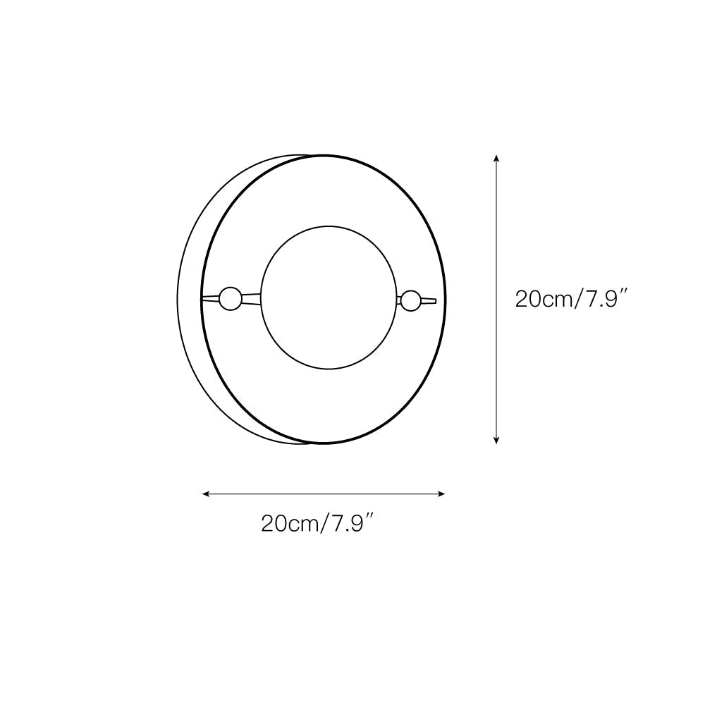 Dimension drawing for the round Clérachic Alabaster Wall Sconce, 20cm/7.9″ wide and 20cm/7.9″ high.
