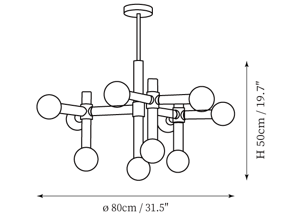 Dimension drawing of this Clérachic chandelier, with its 50 cm height and 80 cm diameter marked.