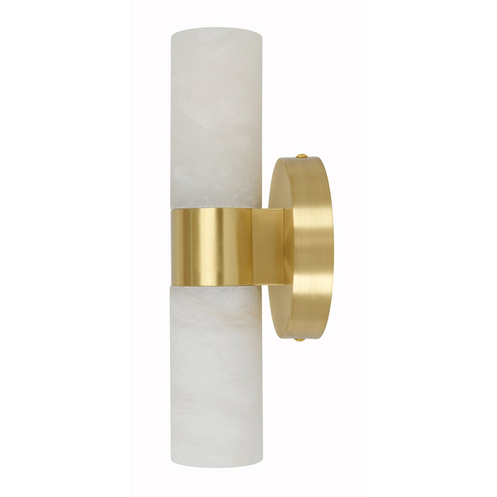 The Clérachic Alight sconce close up, a brushed brass collar wrapped around softly veined natural alabaster.