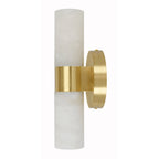 The Clérachic Alight sconce close up, a brushed brass collar wrapped around softly veined natural alabaster.