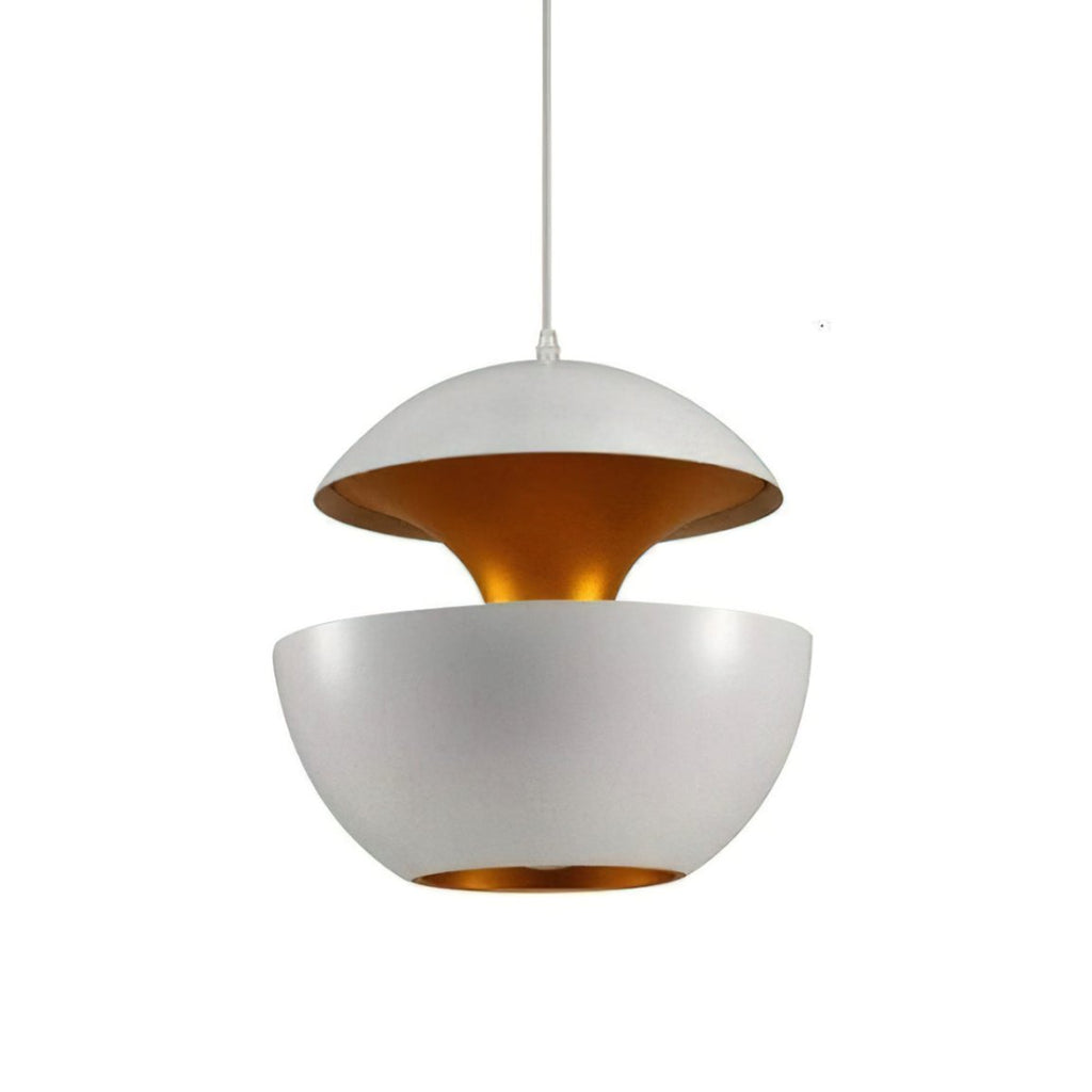 White Clérachic pendant with a gold interior, its two halves separated by a narrow gap, on a white backdrop.