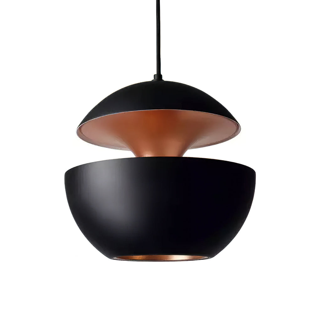 Black aluminium pendant with a gold inner ring between its dome and bowl, shown on white, from Clérachic.