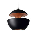 Black aluminium pendant with a gold inner ring between its dome and bowl, shown on white, from Clérachic.