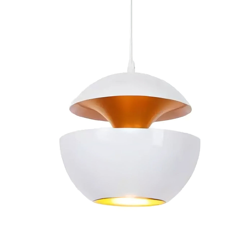 White Clérachic pendant with a gold interior and lit bulb opening, hung on a white cord against a white backdrop.