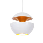 White Clérachic pendant with a gold interior and lit bulb opening, hung on a white cord against a white backdrop.
