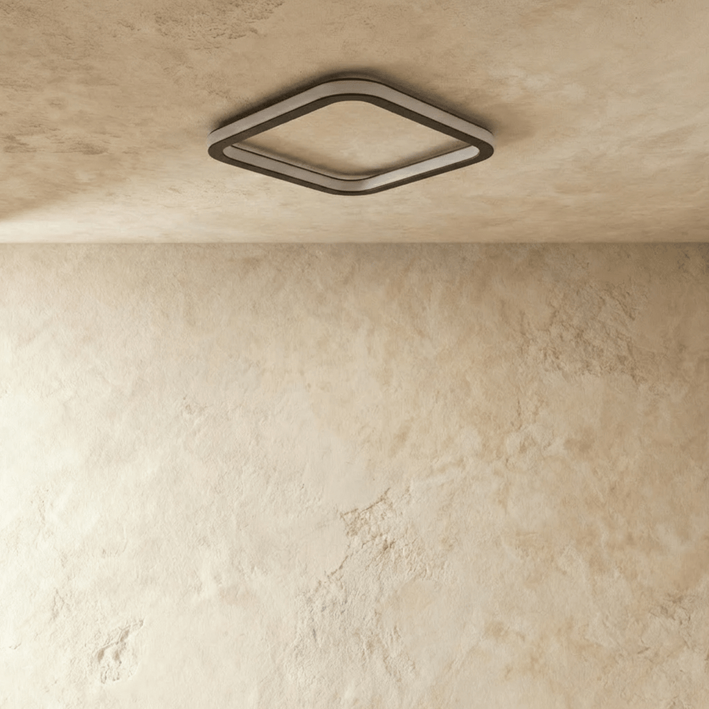 Clérachic slim rounded-square ceiling frame in black and frosted acrylic, unlit and mounted flush on a plastered ceiling.