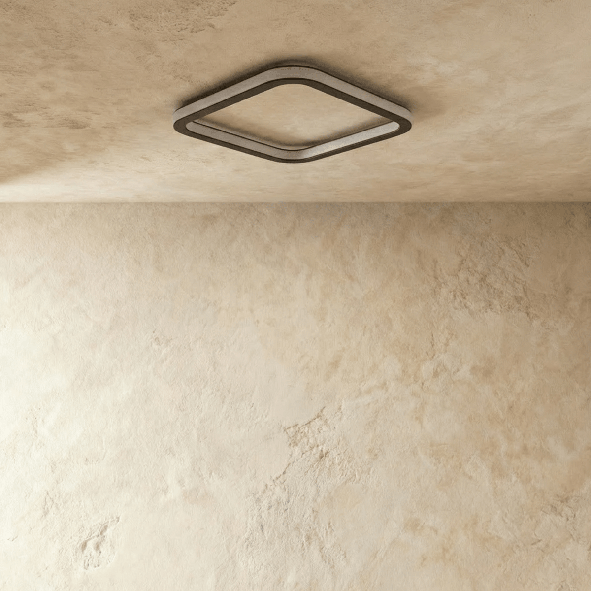 Clérachic slim rounded-square ceiling frame in black and frosted acrylic, unlit and mounted flush on a plastered ceiling.